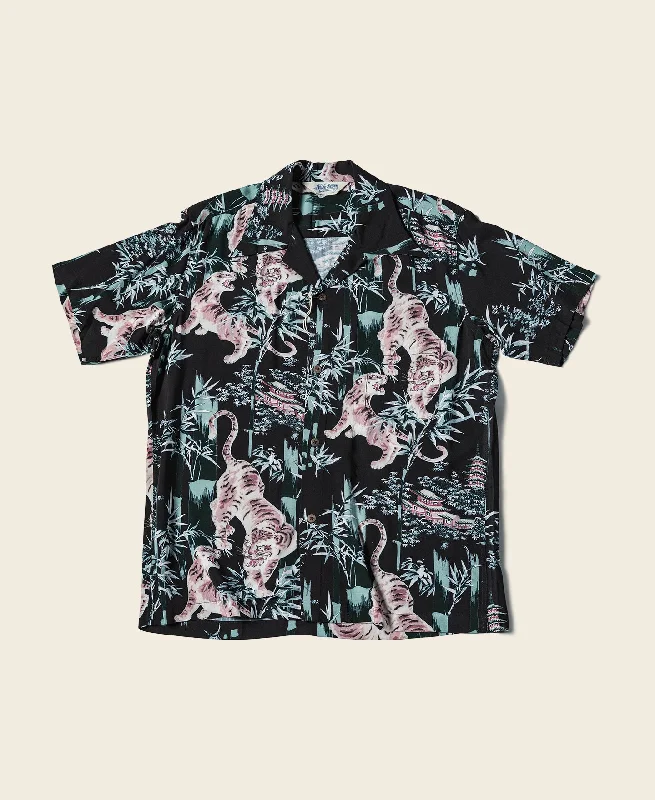 Ukiyo-e Tiger & Bamboo Pattern Aloha Shirt - Black