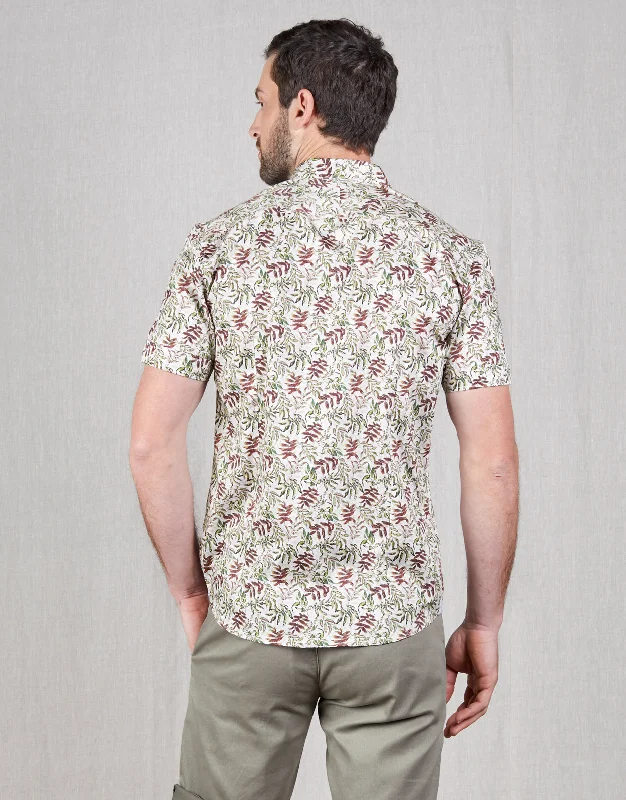 Waihi Green & Brown Leaves Print Short Sleeve Shirt