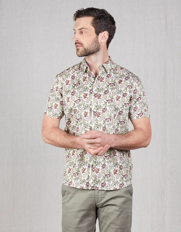 Waihi Green & Brown Leaves Print Short Sleeve Shirt