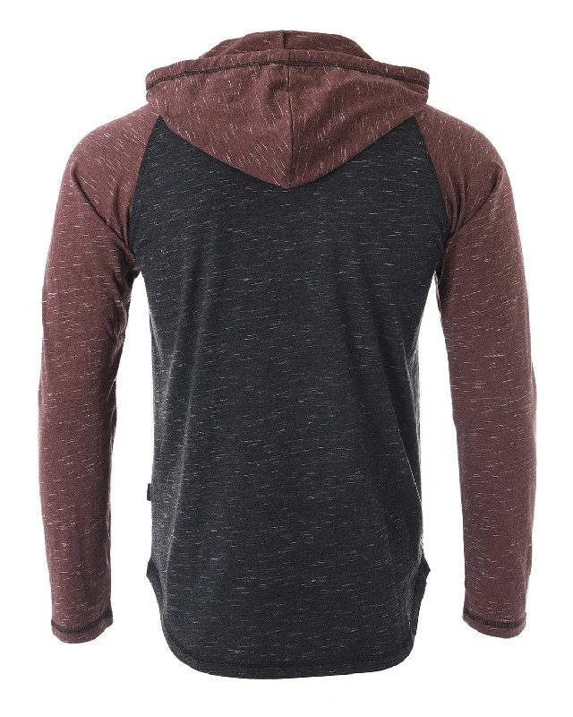 ZIMEGO Long Sleeve Raglan Henley Round Bottom Hood T-Shirts - BLACK / MAROON