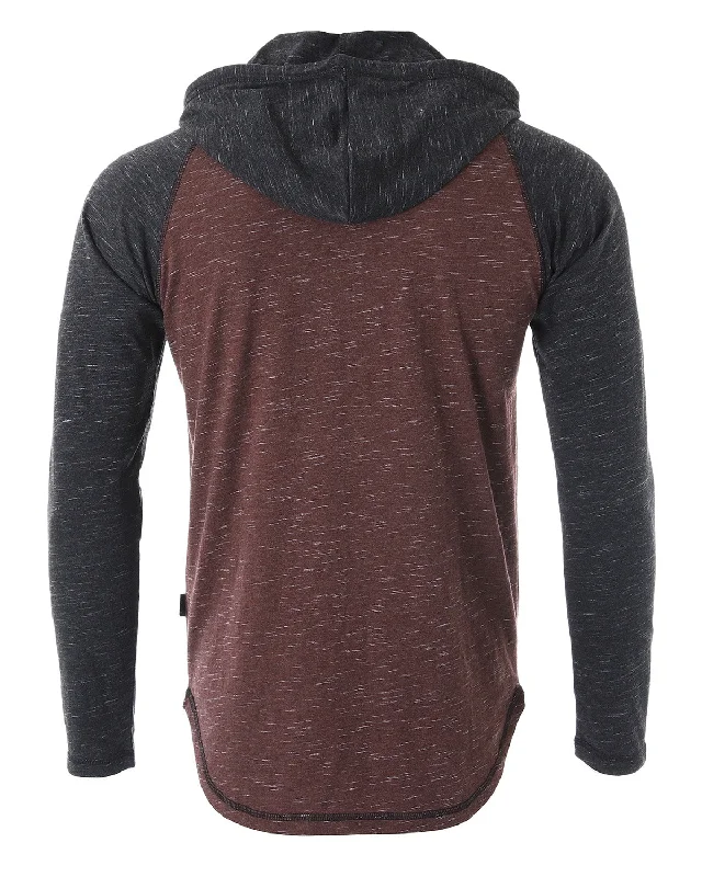 ZIMEGO Long Sleeve Raglan Henley Round Bottom Hood T-Shirts - BLACK / MAROON