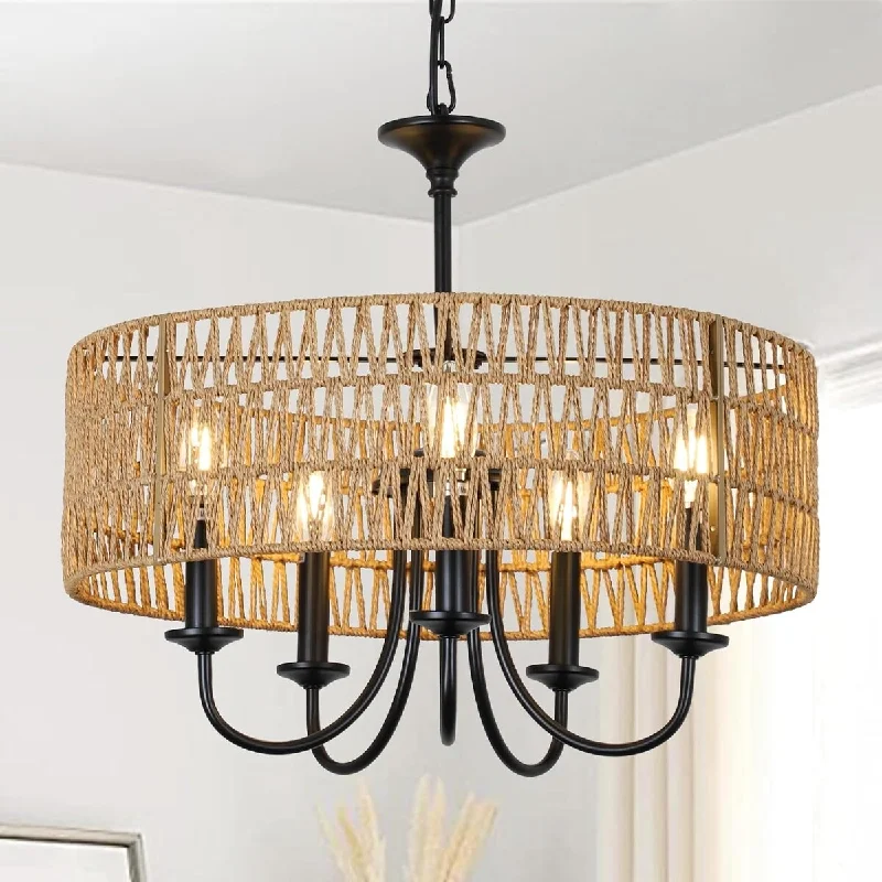 French Country Chandeliers with a Romantic AuraFrench Country Chandeliers with a Romantic AuraGlendale Modern Boho Black Farmhouse Chandelier,5-Lights Large Rattan Hand Woven Pendant Lighting for Dining Room