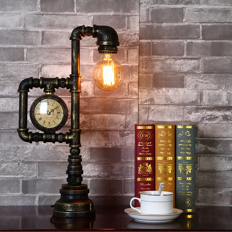 wooden table lamps with natural grain for a warm and organic feelwooden table lamps with natural grain for a warm and organic feelRustic Wrought Iron Water Pipe Table Lamp with Clock - Brass 1 Head Table Light