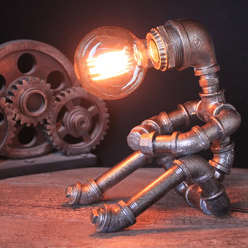 bohemian table lamps with colorful patterns for eclectic bedroomsbohemian table lamps with colorful patterns for eclectic bedroomsIndustrial Nightstand Light: Metallic Silver Table Lighting Robot Pipe with Exposed Bulb Design