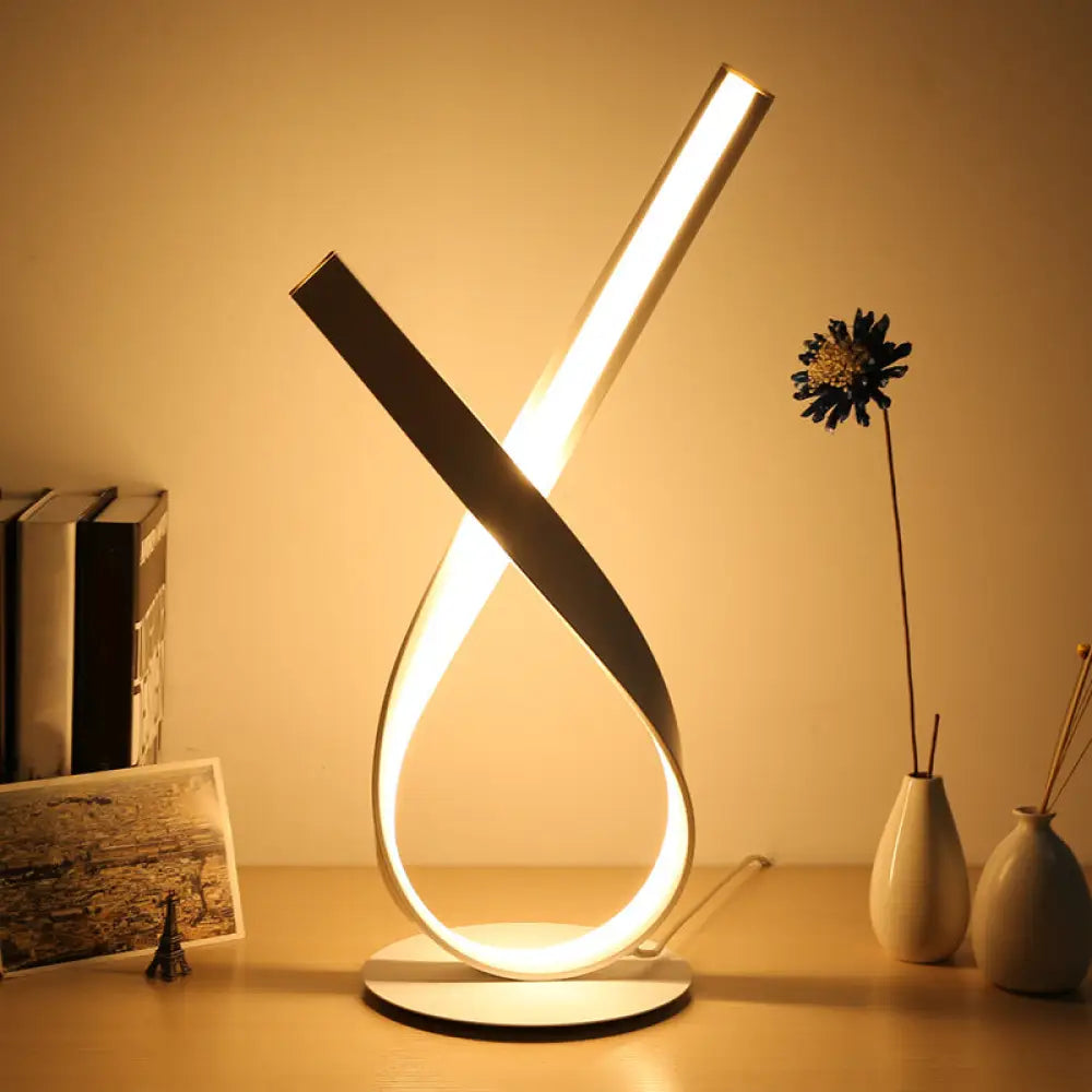 bohemian table lamps with colorful patterns for eclectic bedroomsbohemian table lamps with colorful patterns for eclectic bedroomsMinimalist Metallic LED Bedside Lamp - Ribbon Symbol Task Light, White