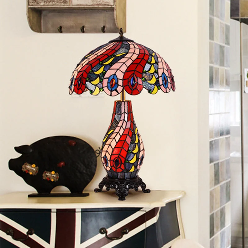wooden table lamps with natural grain for a warm and organic feelwooden table lamps with natural grain for a warm and organic feelRed Tiffany Glass Scalloped Dome Table Lamp with Peacock Pattern - 2-Light Night Light
